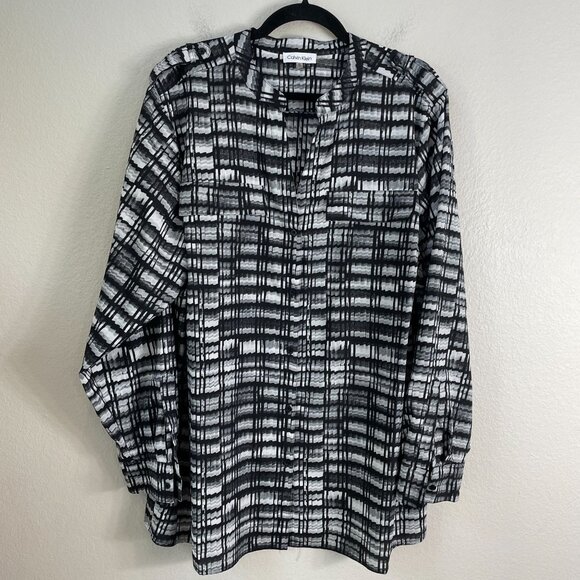 Calvin Klein Womens Plus 2X Black White Plaid Tunic Top Roll Tab Sleeve Shirt - Picture 7 of 10